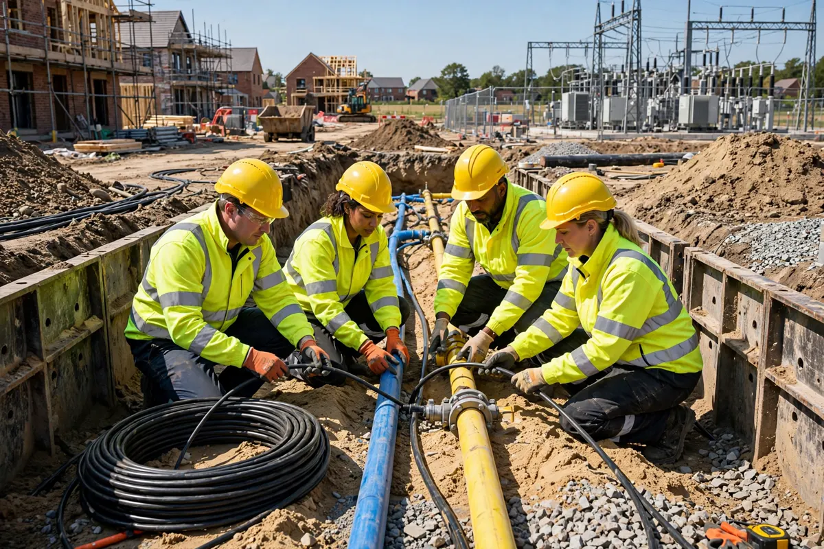 Engineers laying cables and pipes in a shared trench on a development site