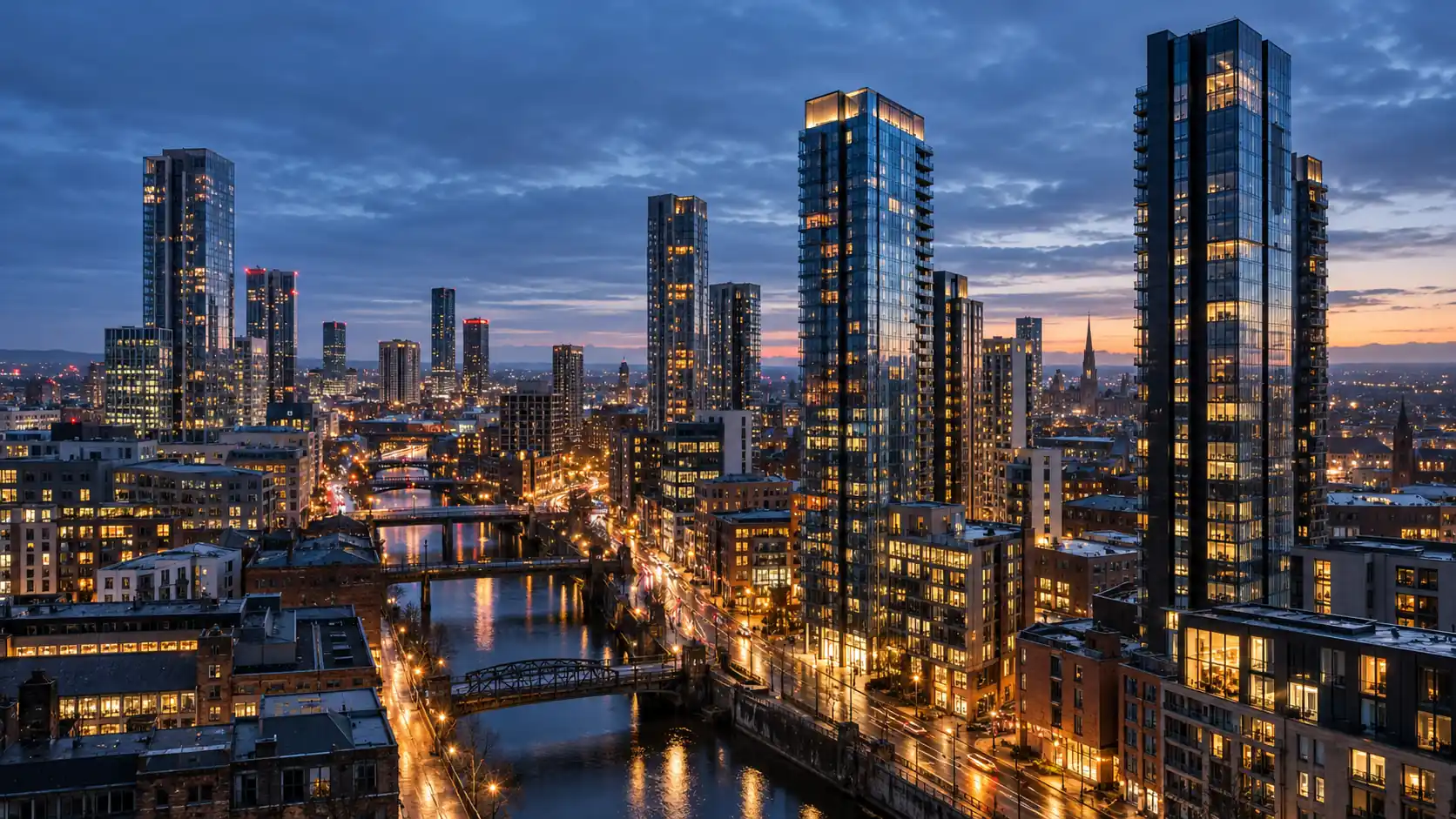 City centre skyline of tall residential and office towers along a river at blue hour