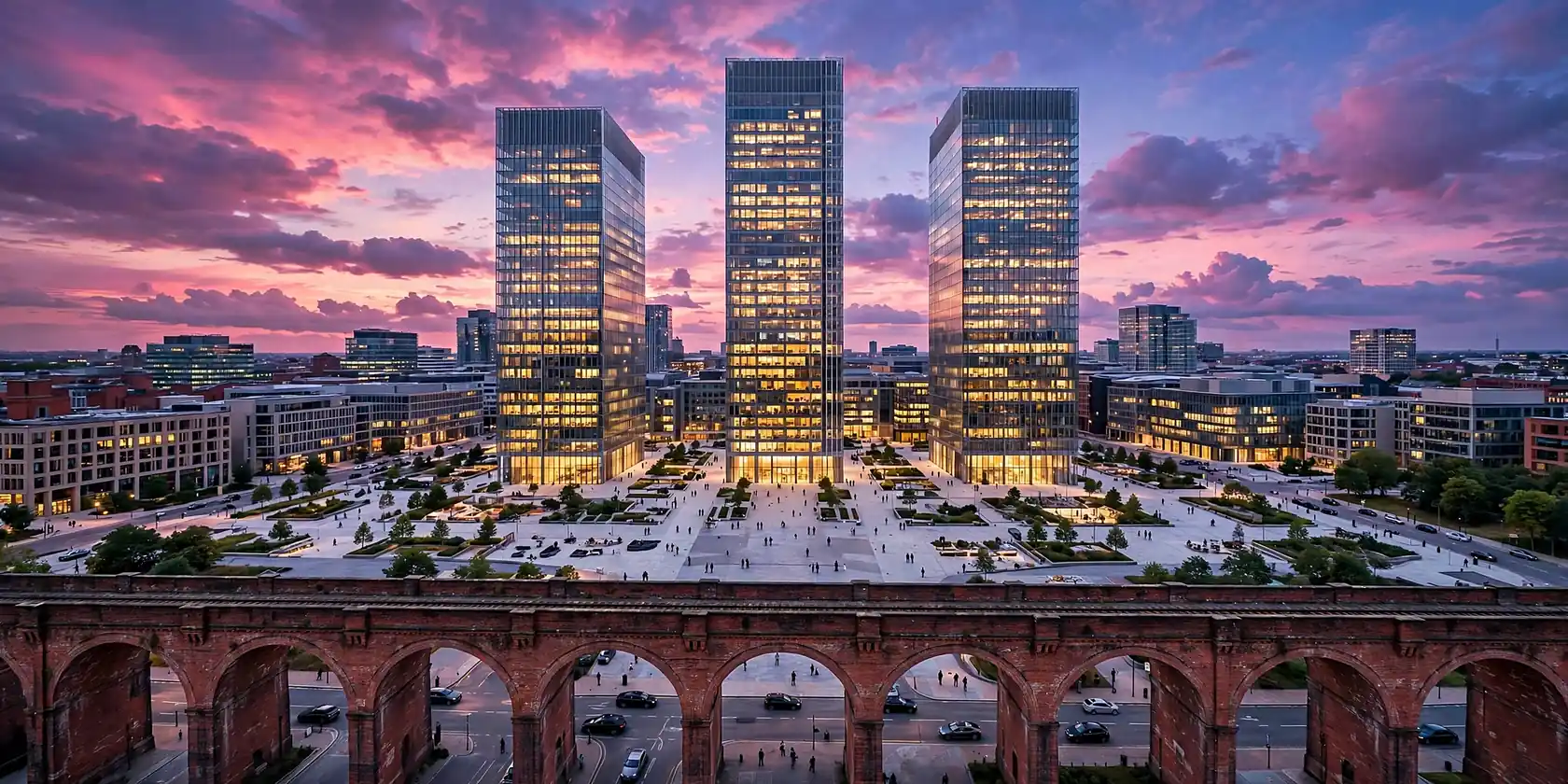 Modern glass office towers above a landscaped plaza and brick railway viaduct in an English city centre at dusk