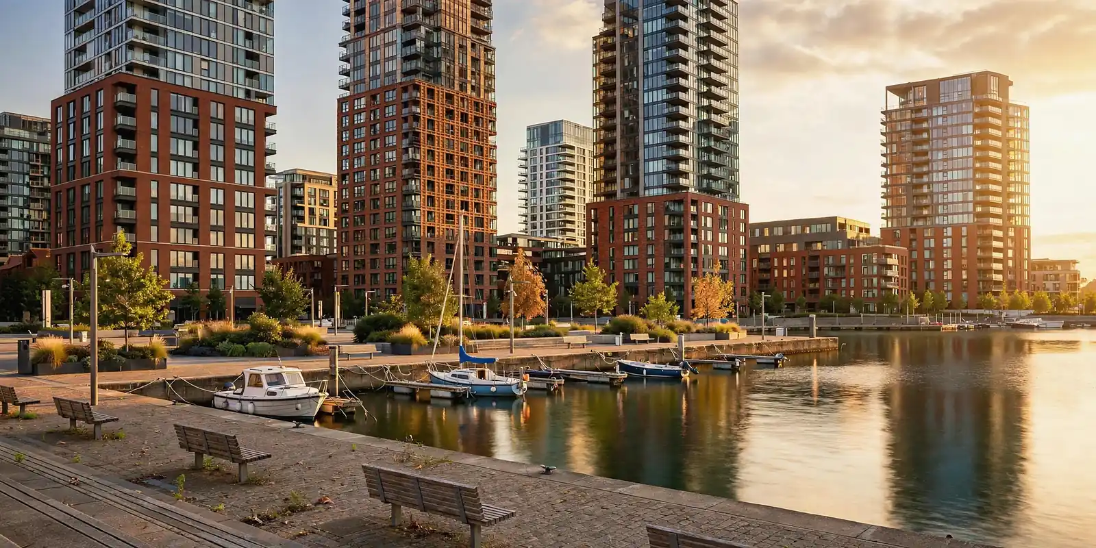 New residential towers beside a waterside marina at sunset