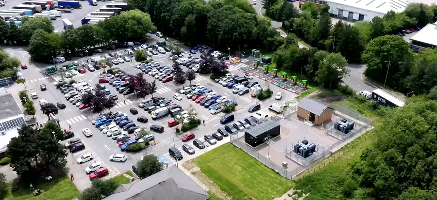 Aerial view of a completed car park EV charging installation