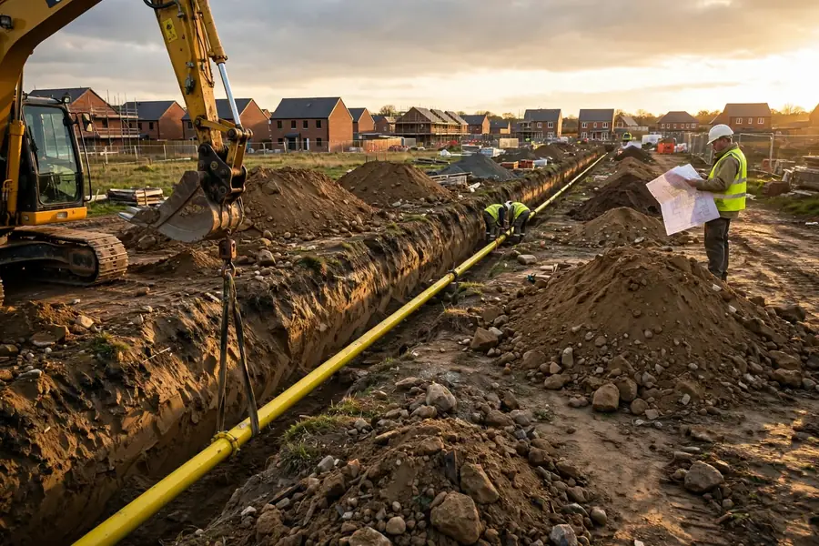Yellow PE gas main being laid in a trench on a new housing development